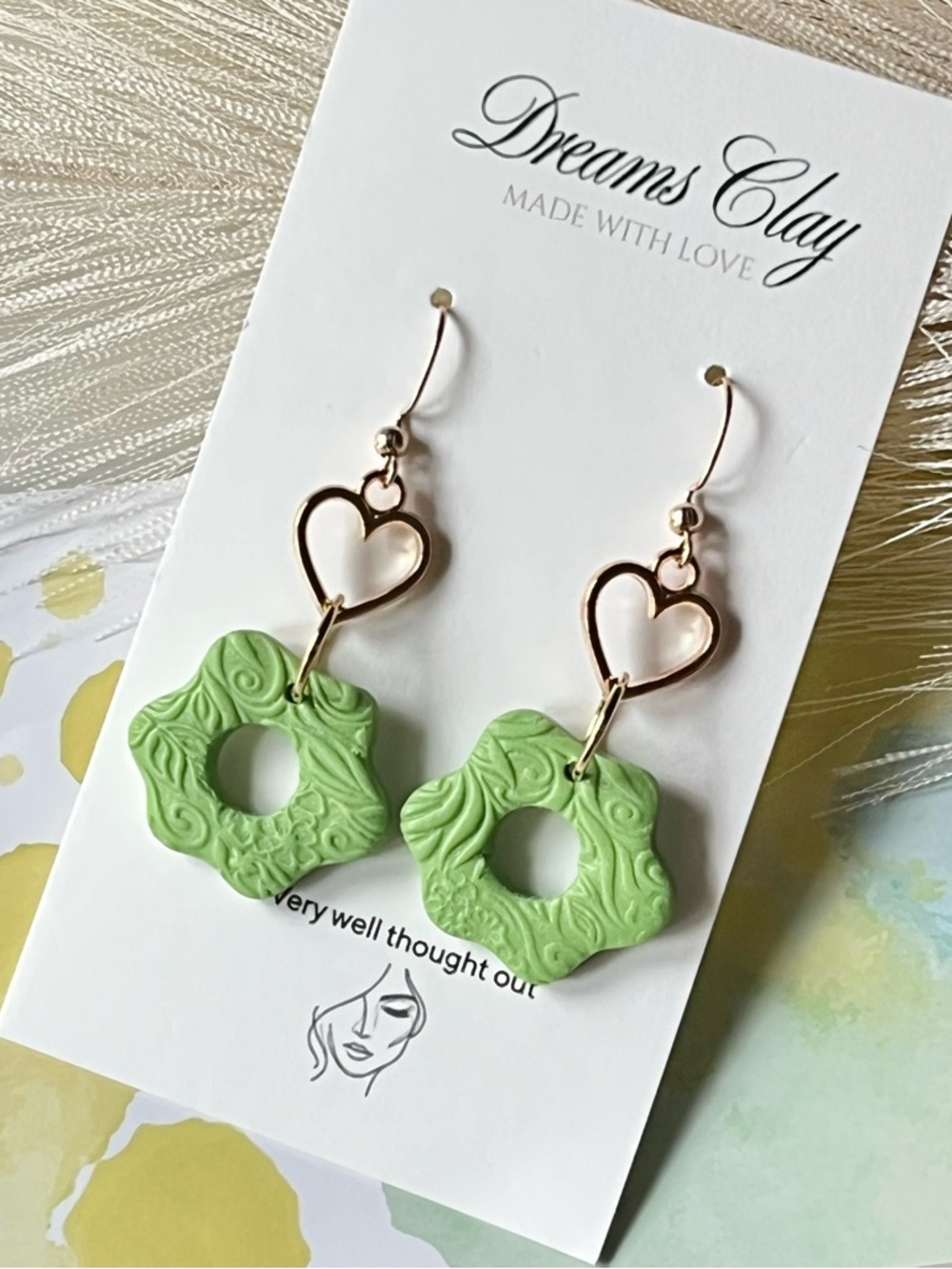 Green Heart & Floral Drop Earrings